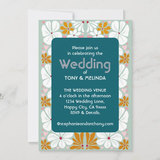 Convite Casamento Flores Retro Groovy 70s Boho (Frente)