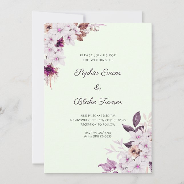 Convite Casamento Flores Rosa Branco Rústico Boho Verde Cl (Frente)