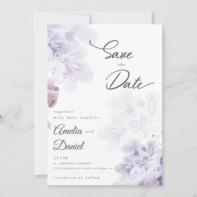 Convite Casamento flores roxas elegantes Save the Date (Frente)