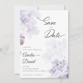 Convite Casamento flores roxas elegantes Save the Date