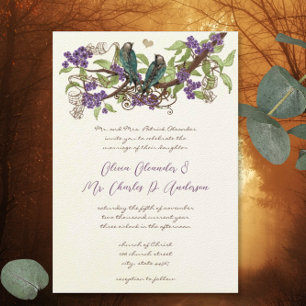 Convite Casamento Flores Roxas Pássaros do Amor Verde Água