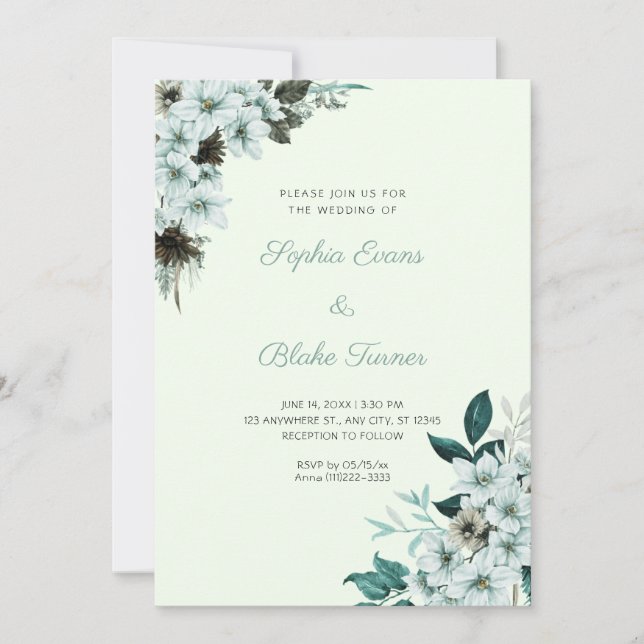 Convite Casamento Flores Verde Rústico Boho Luz Verde (Frente)