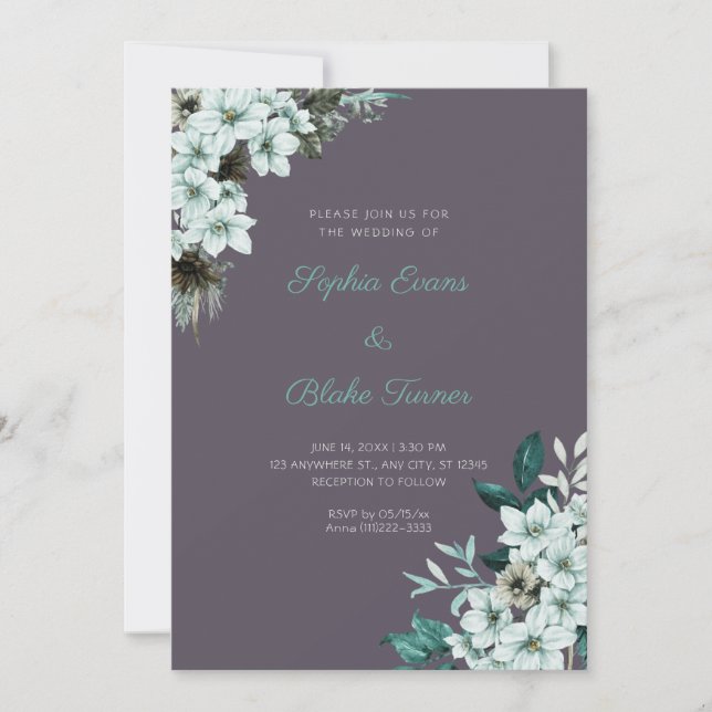 Convite Casamento Flores Verde Rústico Fumaça Cinza Boho (Frente)