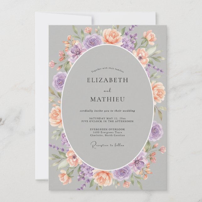 Convite Casamento Floresce com Lavanda e Flor de Pêssego (Frente)