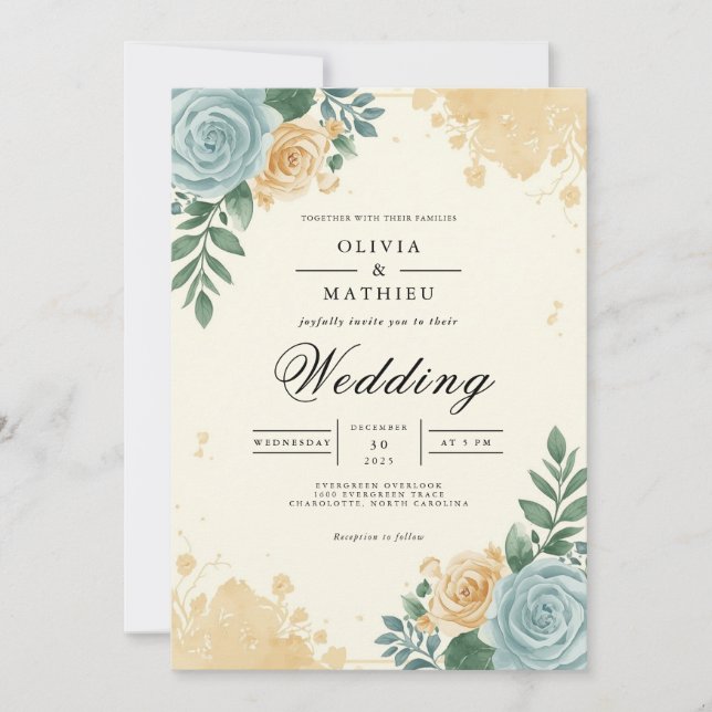 Convite Casamento florescente com Azul e Pêssego (Frente)