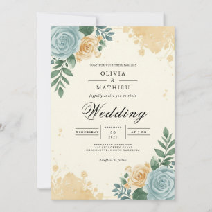 Convite Casamento florescente com Azul e Pêssego