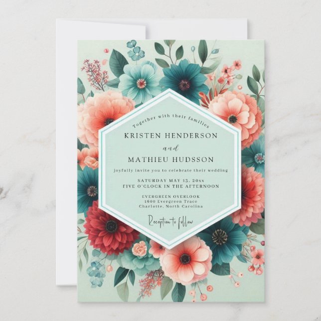 Convite Casamento Florescente de Coral Turquesa (Frente)