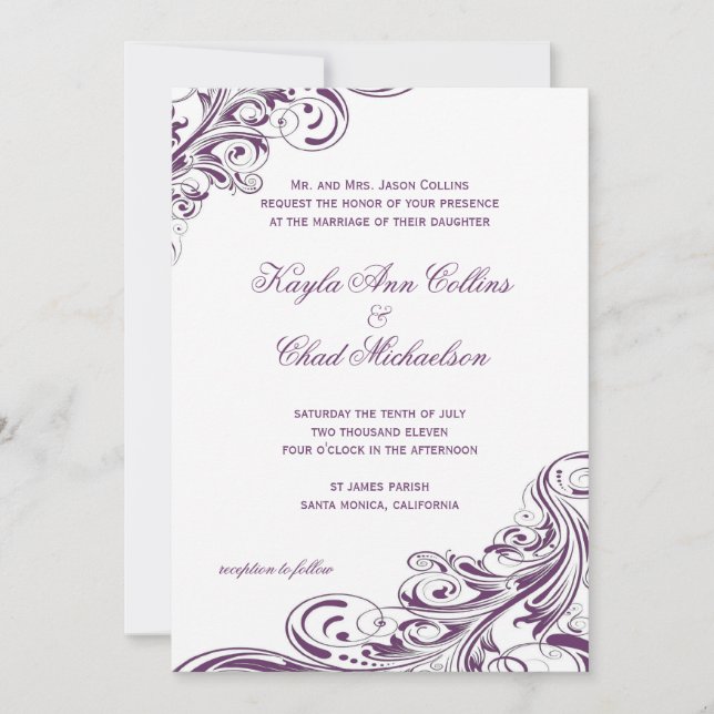 Convite Casamento florescente de Ornamentado branco roxo e (Frente)