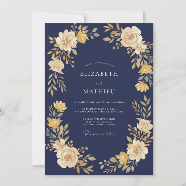 Convite Casamento Florescer Amarelo Naval (Frente)