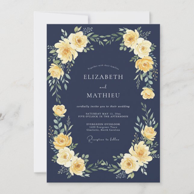 Convite Casamento Florescer com Flor de Ouro da Marinha (Frente)