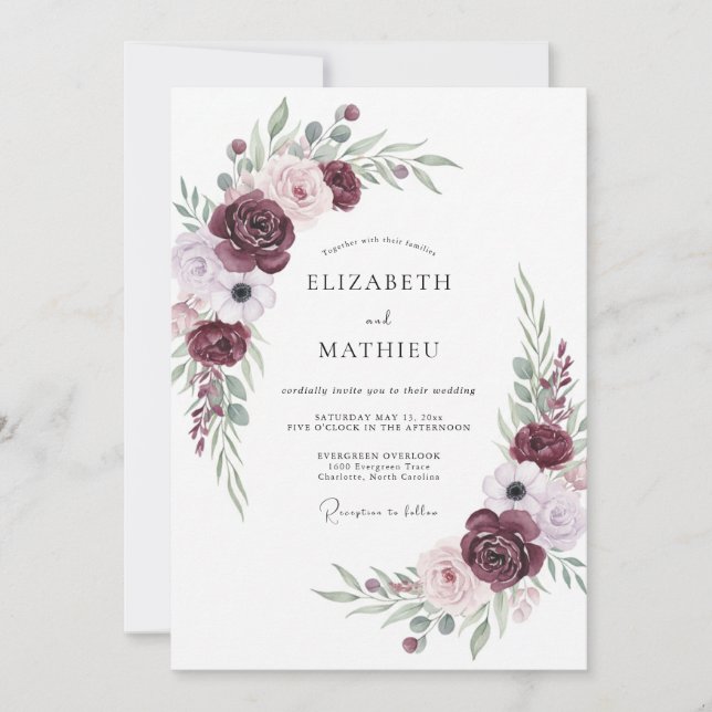Convite Casamento Florescer em Flor Burgundy Amethyst (Frente)