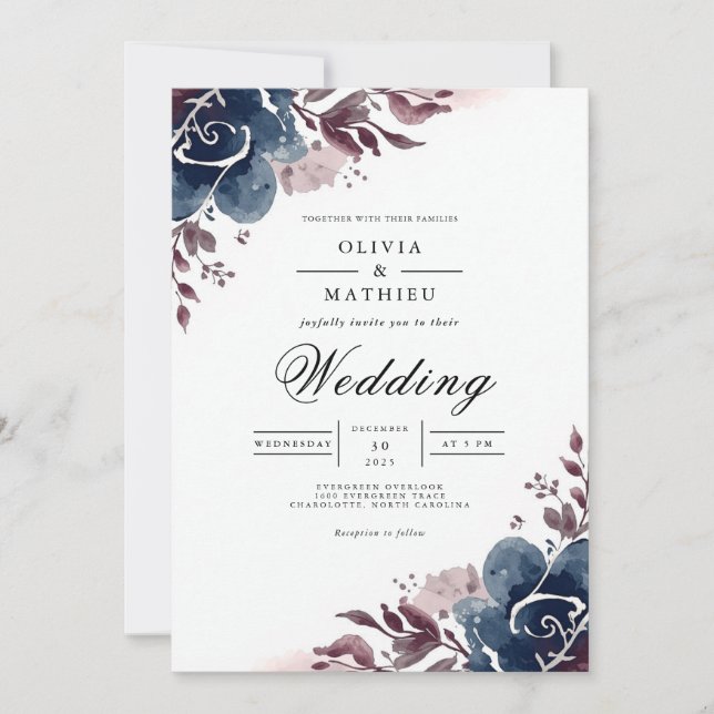 Convite Casamento Florescer Floral Índigo (Frente)