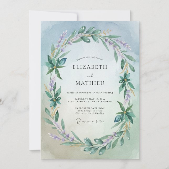 Convite Casamento Florescer Pálido Azul Verdejante (Frente)