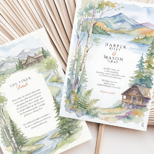 Convite Casamento Floresta Aquarela Lago Montanha Adironda