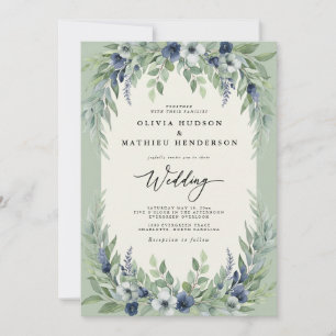Convite Casamento Floresta Aquarela Sage Navy