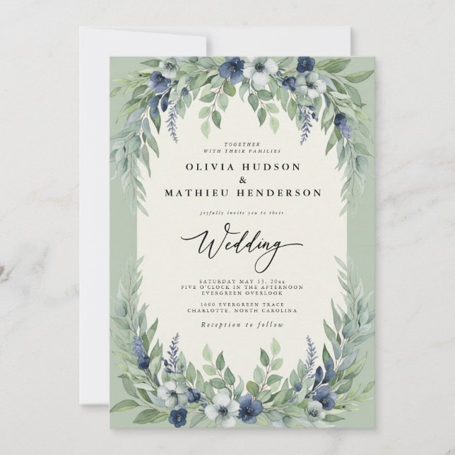 Convite Casamento Floresta Aquarela Sage Navy (Frente)