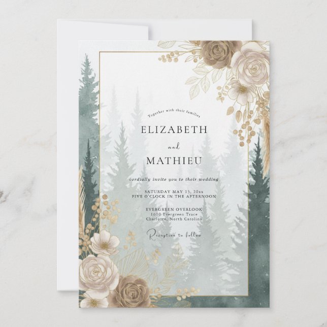Convite Casamento Floresta de Eucalipto Dourado Champagne (Frente)