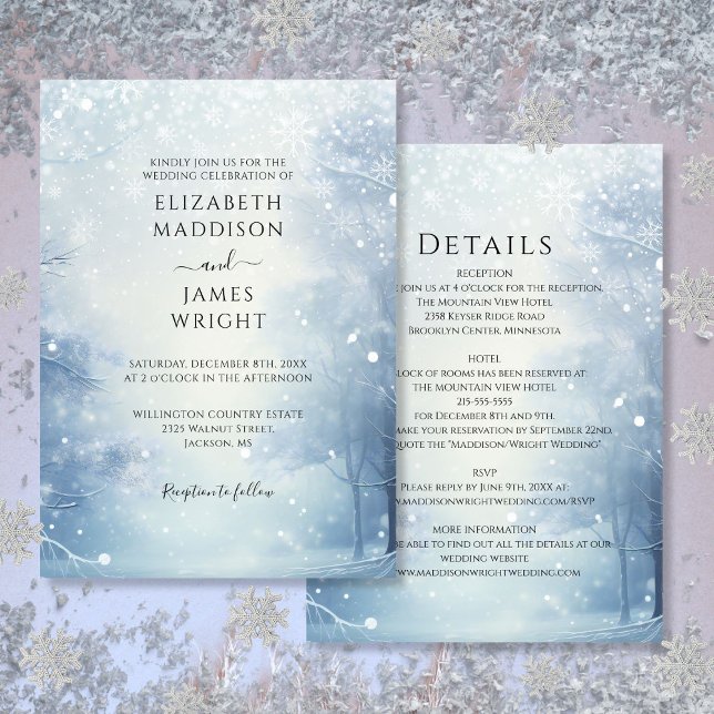 Convite Casamento Floresta de Inverno Encantado Tudo em Um (All In One Winter Wonderland Forest Wedding Invitation)