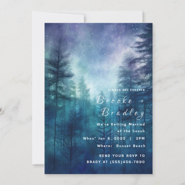 Convite Casamento Floresta Estrelada Azul e Roxo à Meia-No (Frente)
