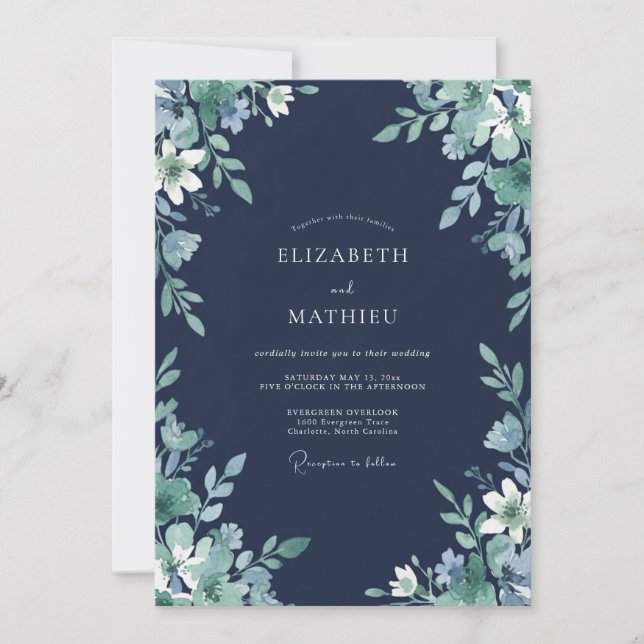 Convite Casamento Floresta Etérea Azul Marinho (Frente)