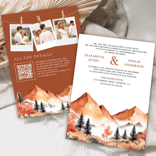 Convite Casamento Floresta Montanha Terracota Código QR Fo (Criador carregado)
