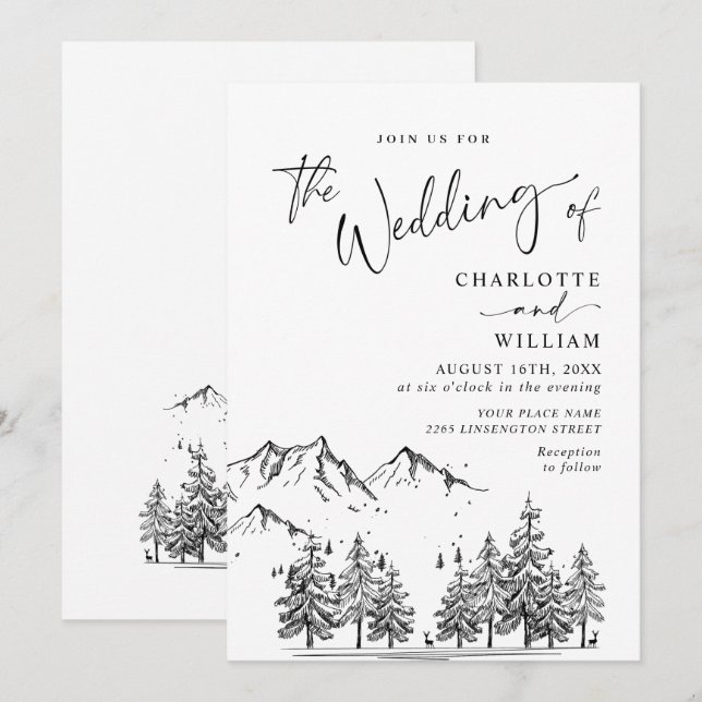 Convite Casamento Floresta Montanhas Desenhadas à Mão (Frente/Verso)