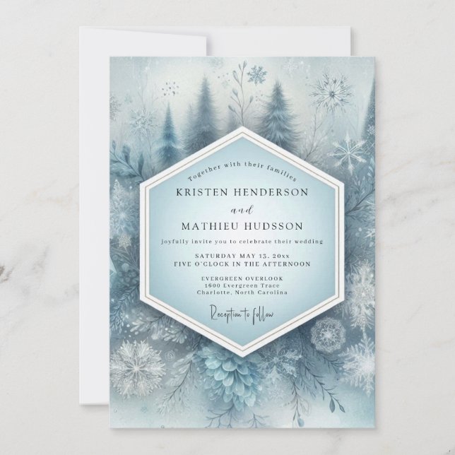 Convite Casamento Floresta Nevada Azul Ardósia (Frente)