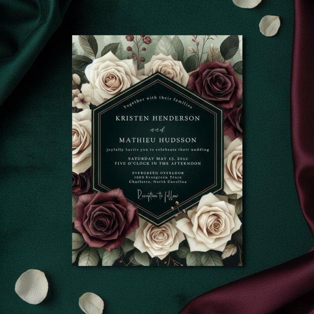 Convite Casamento Floresta Rosa Borgonha (Criador carregado)