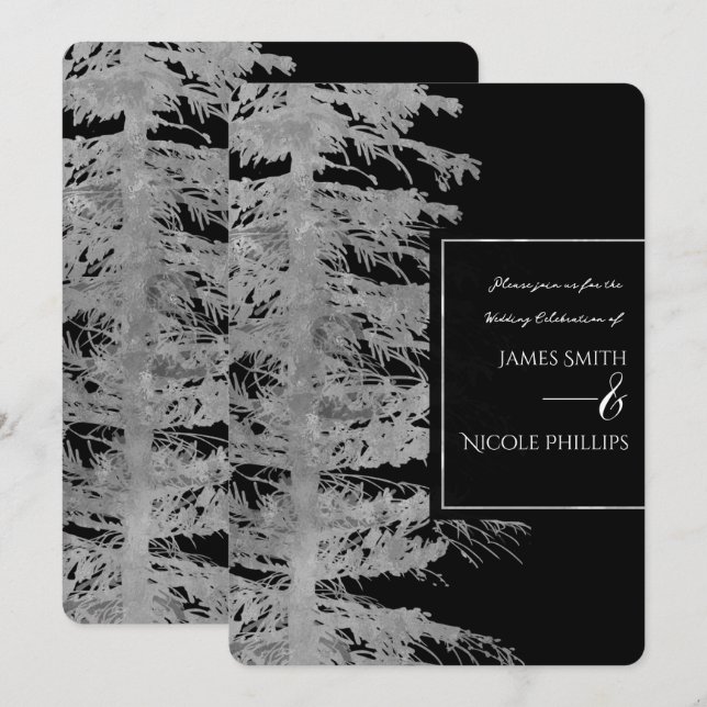 Convite Casamento Floresta Rústica Árvore de Pinheiro Pret (Frente/Verso)