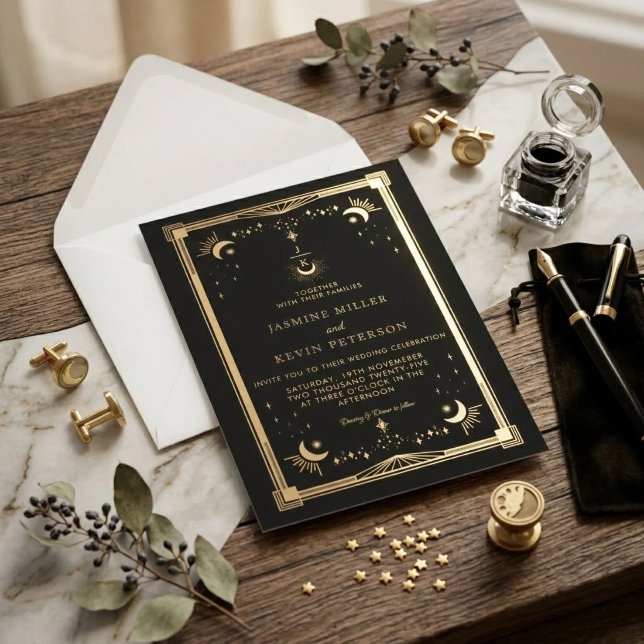 Convite Casamento Floresta Verde Estrela Lua Mística Celes (Criador carregado)