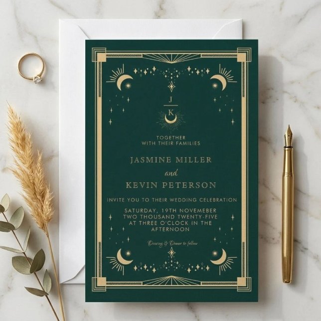 Convite Casamento Floresta Verde Estrela Lua Mística Celes (Criador carregado)