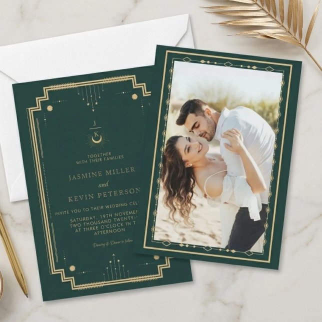 Convite Casamento Floresta Verde Lua Estrela Mística Celes (Criador carregado)