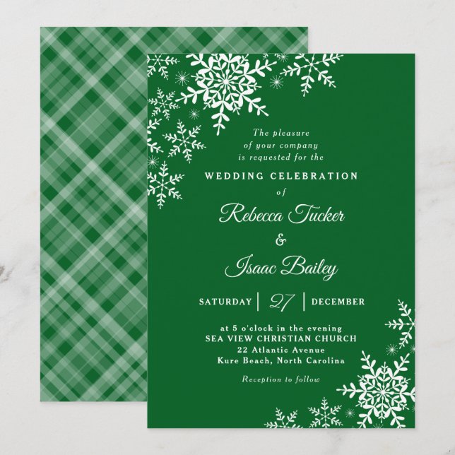 Convite Casamento Floresta Verde Xadrez Flocos de Neve Ele (Frente/Verso)