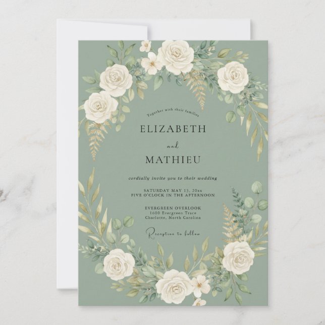 Convite Casamento Florestal Atemporal em Verde Sage (Frente)
