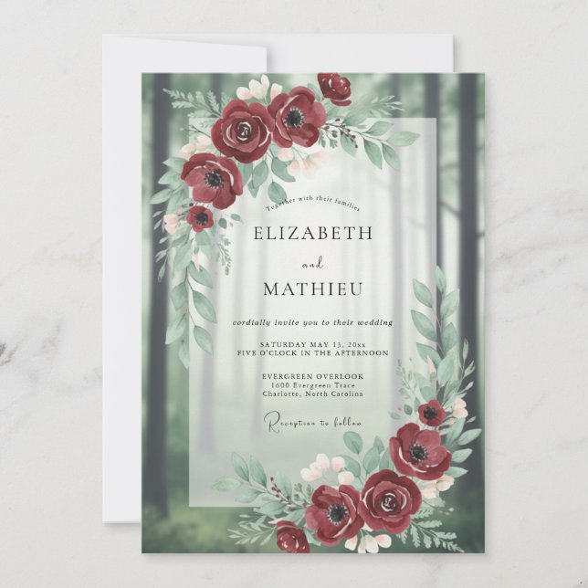 Convite Casamento Florestal Atmosférico Borgonha (Frente)