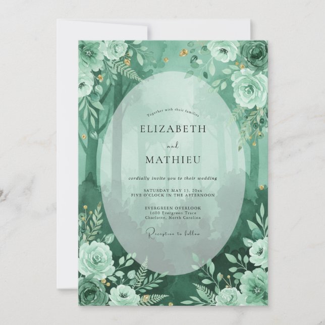 Convite Casamento Florestal Atmosférico Verde Esmeralda (Frente)