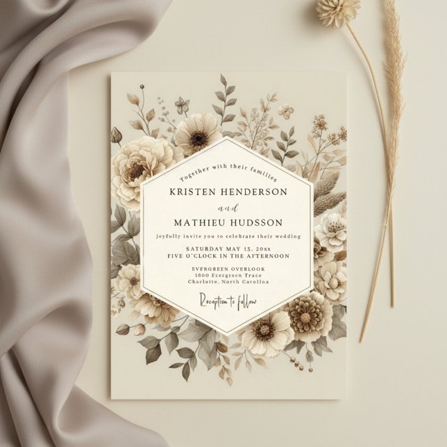 Convite Casamento Florestal Botânico Creme (Criador carregado)