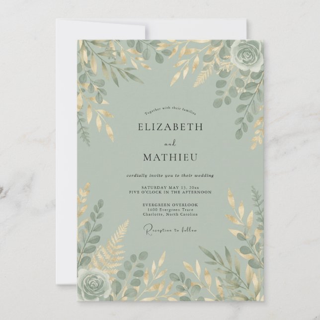 Convite Casamento Florestal com Brilho em Verde Sálvia (Frente)