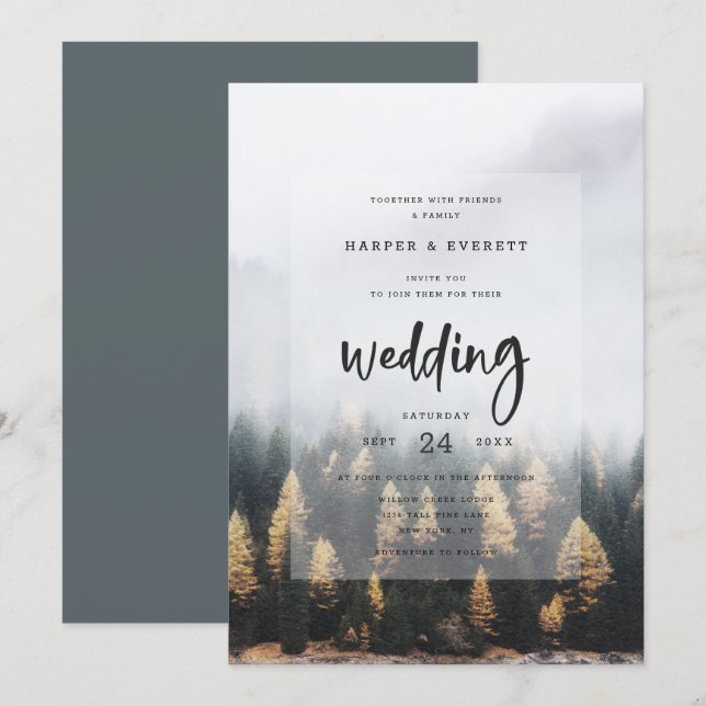Convite Casamento Florestal de Árvores de Pinheiro Rústico (Frente/Verso)