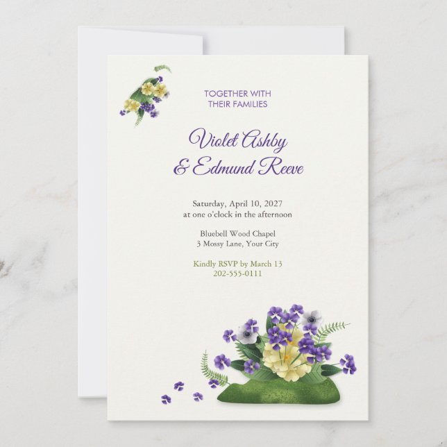 Convite Casamento Florestal de Violetas Doces e Primaveras (Frente)