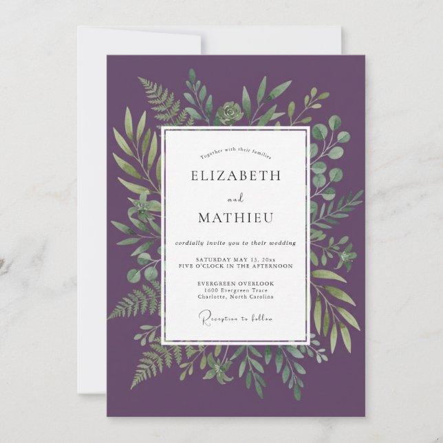 Convite Casamento Florestal Exuberante Roxo (Frente)