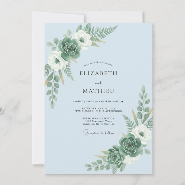 Convite Casamento Florestal Orgânico Azul Claro (Frente)