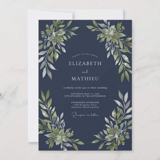 Convite Casamento Florestal Polido Azul Naval (Frente)