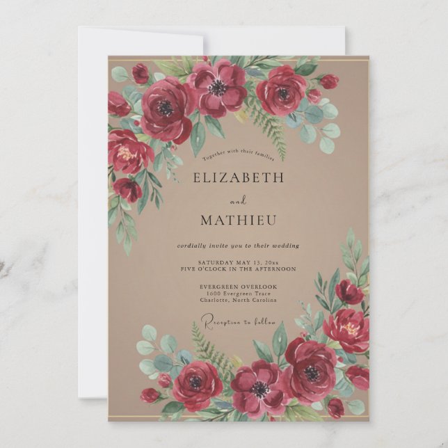 Convite Casamento Florestal Rústico em Vermelho Carmesim (Frente)