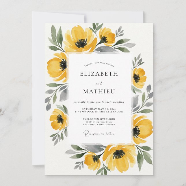 Convite Casamento Florido Amarelo Pintado (Frente)