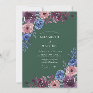 Convite Casamento Florido Azul Borgonha Pintado à Mão