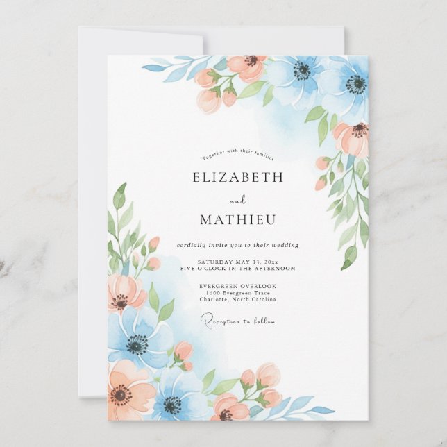 Convite Casamento Florido Azul Céu Pintado à Mão (Frente)