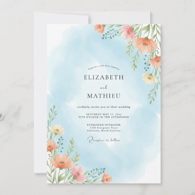 Convite Casamento Florido Azul Céu Verdejante (Frente)