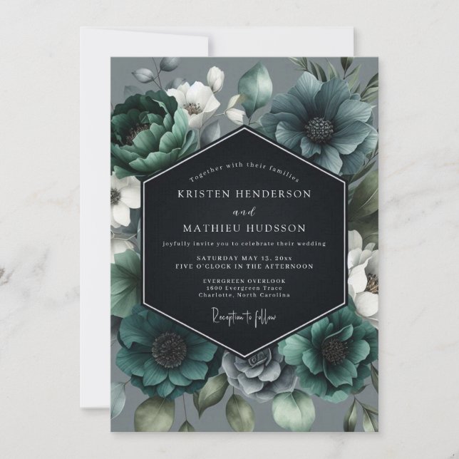 Convite Casamento Florido Azul-Cinzento (Frente)