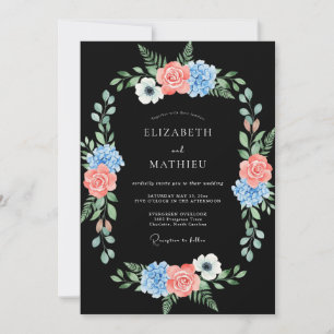 Convite Casamento Florido Azul Coral Pintado à Mão